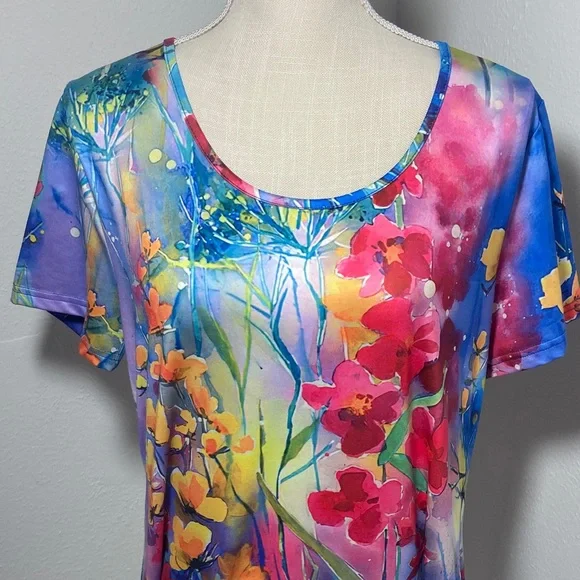 Colorful Short Sleeve Dress XL Pink Purple Yellow Floral Round Neckline Breezy - Picture 2 of 9
